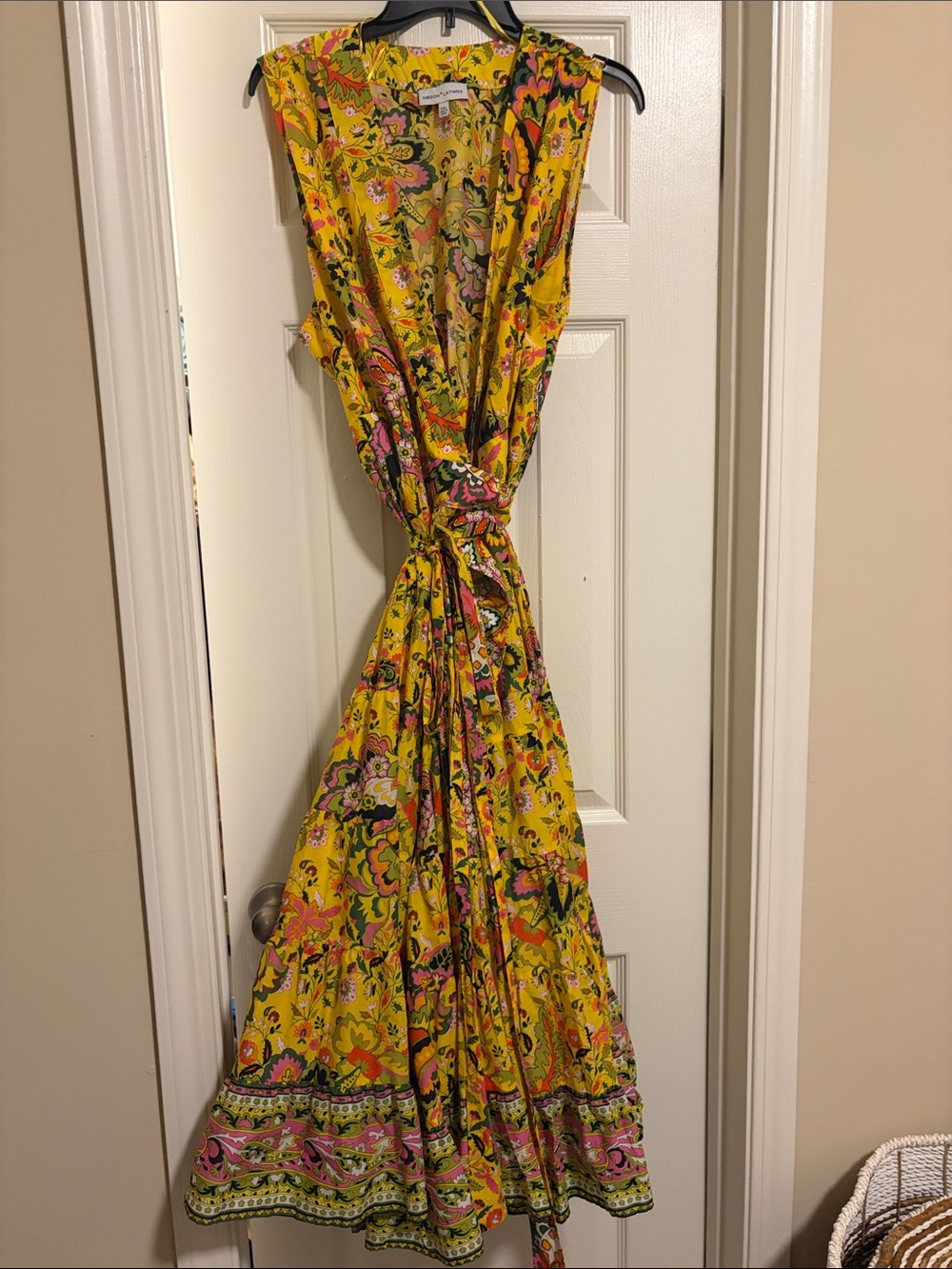Gibson Latimer Yellow Floral Maxi Dress with Pink & Green Accents